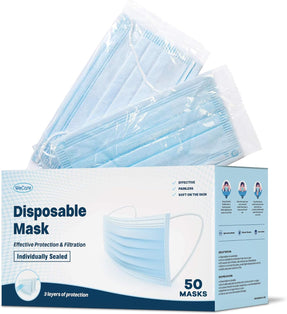 WECARE 3 Ply Disposable Face Mask 50 Pack Individually Wrapped Printed Masks