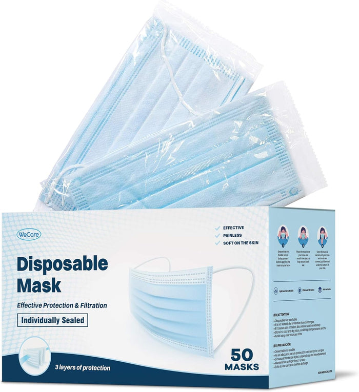 WECARE 3 Ply Disposable Face Mask 50 Pack Individually Wrapped Printed Masks