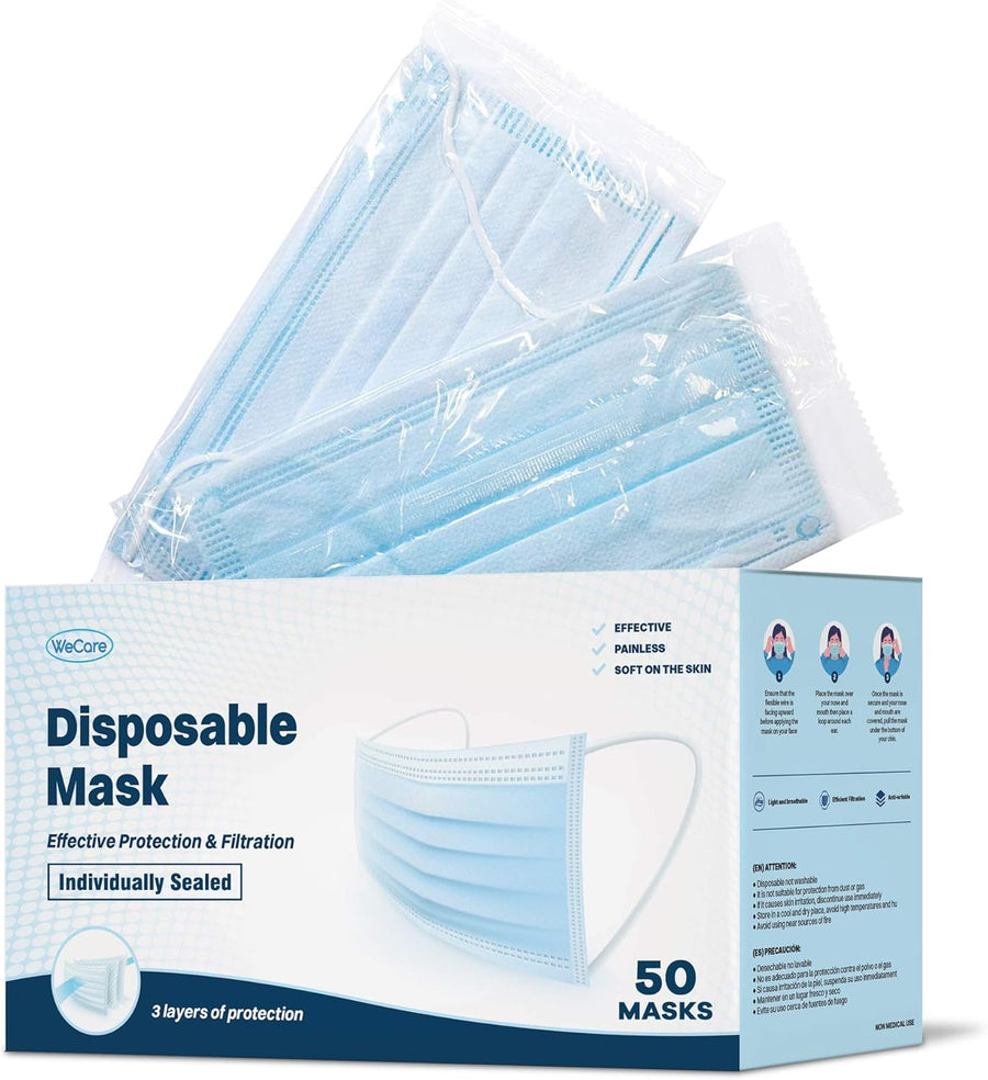 WECARE 3 Ply Disposable Face Mask 50 Pack Individually Wrapped Printed Masks