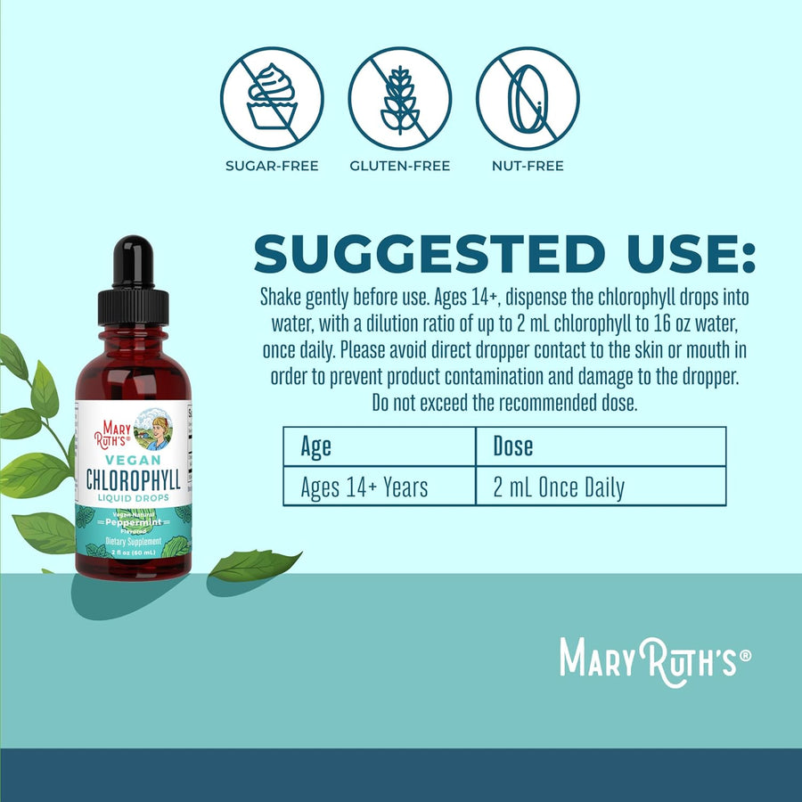 MaryRuth's Chlorophyll Liquid Drops | Clean Label Project Certified® | Vegan | Non-Diluted Liquid Chlorophyll| Mulberry Derived Supplement for Ages 14+ | Non-GMO | Delicious Minty Flavor | 2 Fl Oz