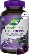 Nature's Way Sambucus Elderberry Gummies, Immune Support Gummy for Adults & Kids Ages 4+ with Black Elderberry Extract, Vitamin C, Vitamin D3, and Zinc*, 60 Gummies