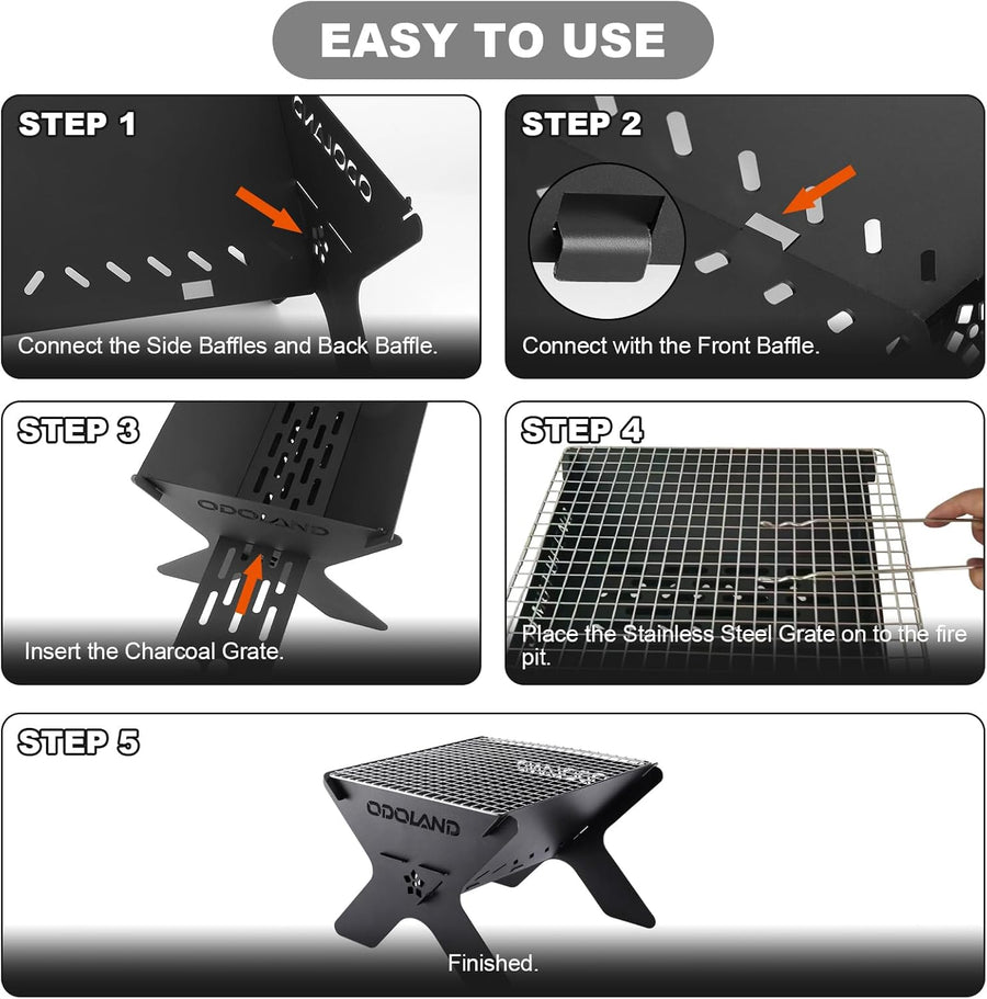 Odoland Camping Campfire Grill, Portable Folding Charcoal Grills, Backpacking BBQ Grill, Heavy Duty Firepit Grill with Carry Bag for Outdoor Cooking, Bonfire, Patio, Backyard