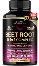 Beet Root 5-in-1 Complex Capsules - Healthy Blood Pressure Support Supplement** for Heart & Circulation Support - Olive Leaf, Hawthorn Berry & Hibiscus - for Men & Women - Lab Tested - 120 Capsules