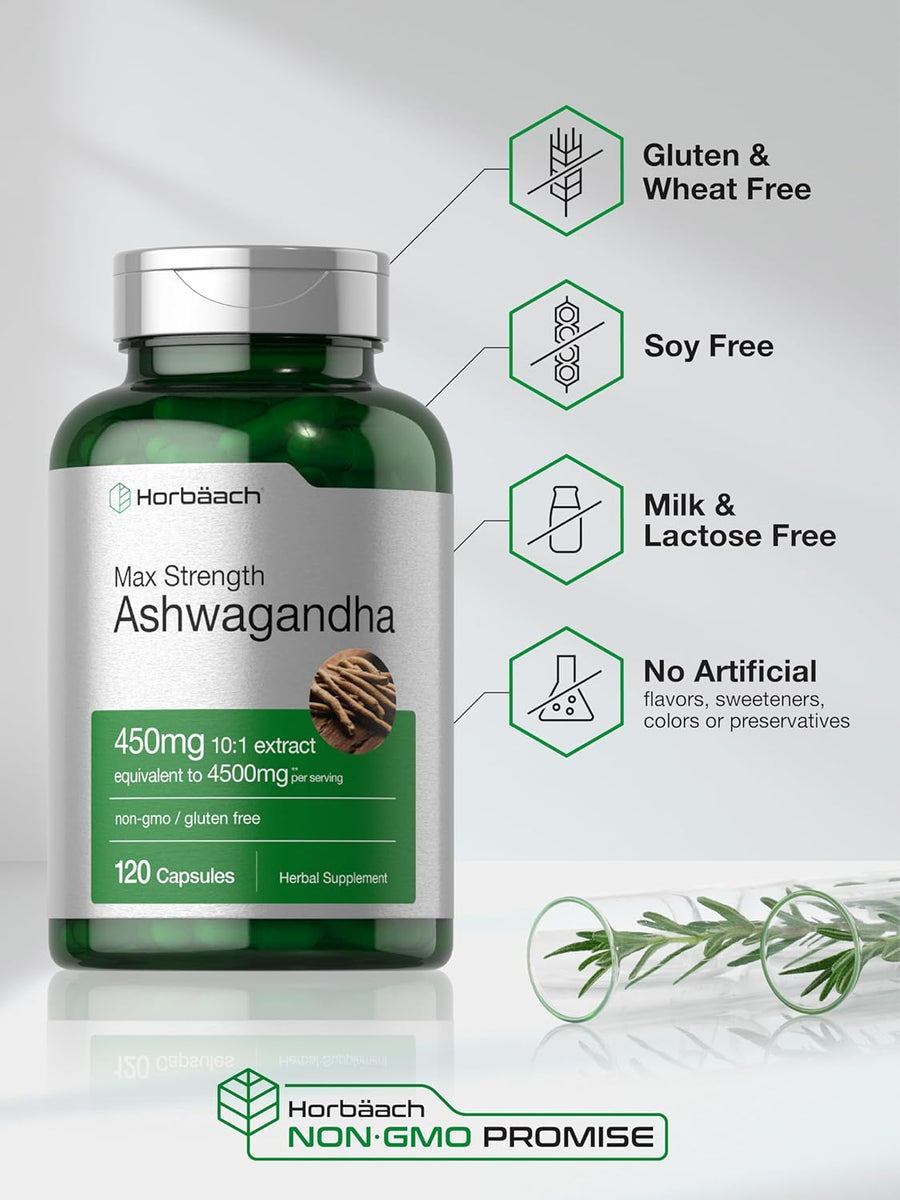 Horbäach Ashwagandha Supplement Max Strength 120 Capsules Non-GMO Gluten Free
