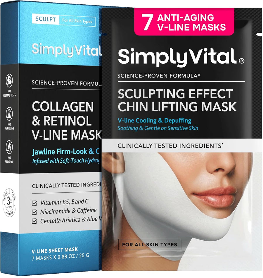 V Line Lifting Mask with Collagen, Retinol & Hyaluronic Acid - Caffeine, Niacinamide Visible Neck Tightening and Chin Lifting Mask for Women - Double Chin Strap for Face & Jawline Shaper - 7 pcs