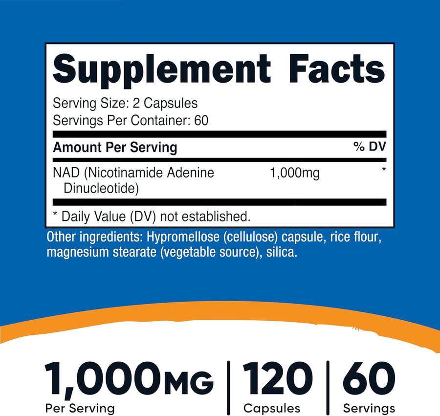 Nutricost NAD+ Supplement 1,000mg per Serving,120 Capsules (Nicotinamide Adenine Dinucleotide) - 60 Servings, Gluten-Free, Vegan