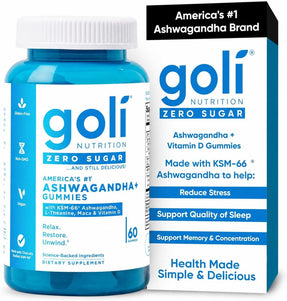 Goli Zero Sugar Ashwagandha Gummies with KSM-66, L-Theanine, Maca and Vitamin D - No Sugar Alcohols - Vegan, Keto-Friendly, Non-GMO