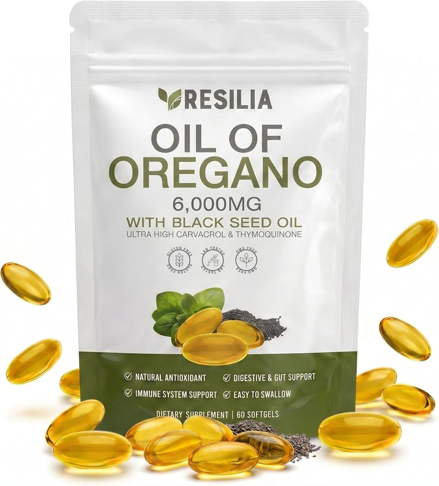 Resilia Softgels with Black Seed Oil 6000mg – Premium Grade Oregano Oil Capsules for Immune & Digestive Support – Non-GMO, Gluten-Free Softgels – Natural Herbal Wellness Supplement (60 Count)
