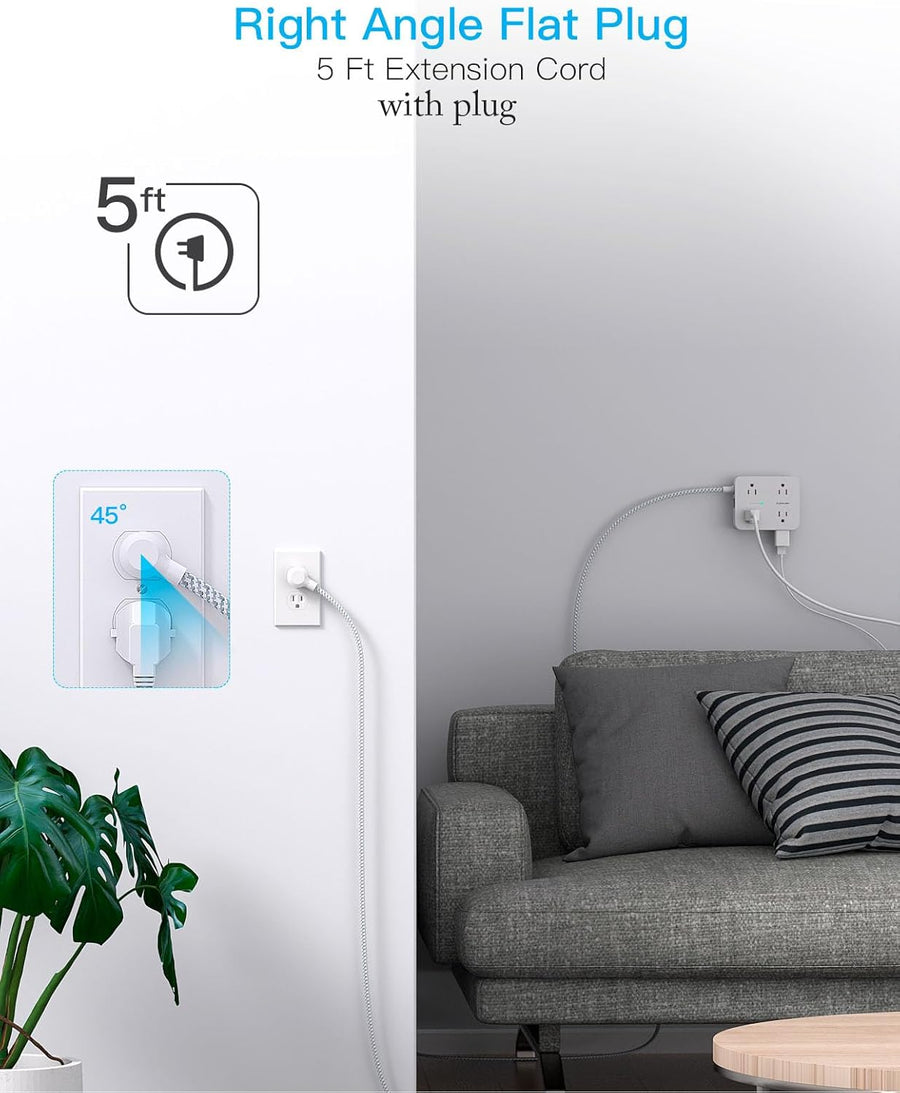 Surge Protector Power Strip - HANYCONY 8 Outlets 4 USB (2 USB C) Charging Ports, Multi Plug Outlet Extender, 5Ft Braided Extension Cord, Flat Plug Wall Mount Desk Charging Station for Home Office ETL