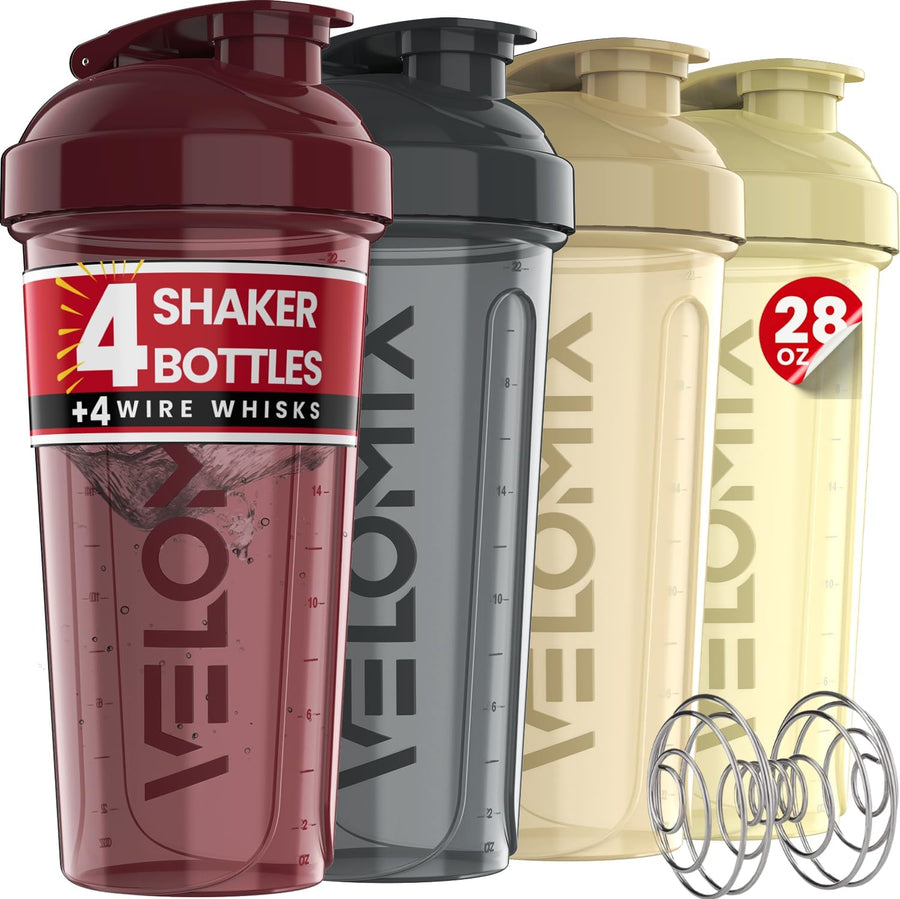 VELOMIX 28oz Protein Shaker Bottles - 4 Pack, Leak Proof