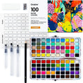 Grabie 100 Colors Watercolor Paint Set - 50 Regular, 35 Metallic, 10 Macaron and 5 Fluorescent Colors - Portable with Carrying Case, Water Brush Pens, and Accessories - For Beginners and Professionals