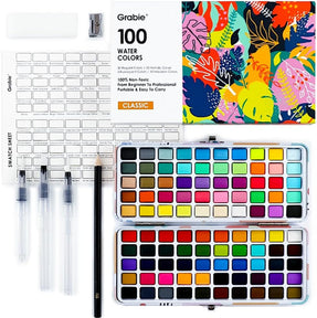 Grabie 100 Colors Watercolor Paint Set - 50 Regular, 35 Metallic, 10 Macaron and 5 Fluorescent Colors - Portable with Carrying Case, Water Brush Pens, and Accessories - For Beginners and Professionals