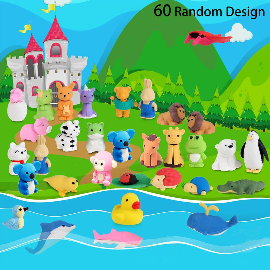 60Pcs Animal Erasers Desk Pets for Kids Animal Pencil Erasers Bulk Puzzle Eraser Toys Gifts for Classroom Prizes,Game Reward,Treasure Box,Easter Egg Fillers,Goodie Bag Stuffers,Party Favors