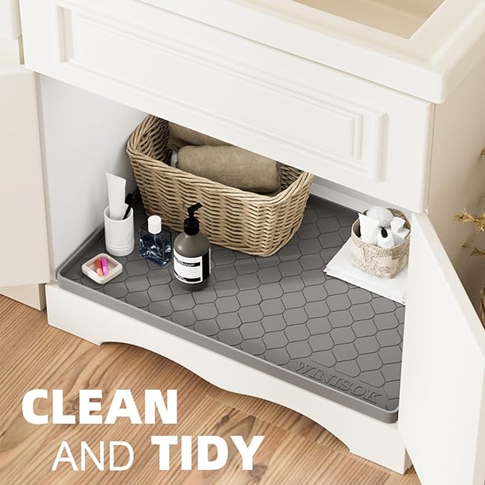 Silicone Under Sink Mat 34" x 22", Kitchen Essentials and Gadgets, Shelf Liner and Cabinet Protector, Home Organizers and Storage, Waterproof Bathroom Tray