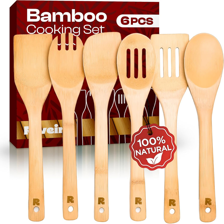 Riveira Bamboo Cooking Spoons 6-Piece – Wooden Cooking Utensils Set with Wooden Spoons for Cooking & Spatulas Wooden Utensil Sets – Premium Kitchen Utensils Set – Durable First Apartment Essentials