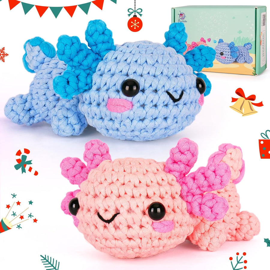 Crochetta Crochet Kit for Beginners, Crochet Starter Kit w Step-by-Step Video Tutorials, Easy Beginner Crochet Kit for Adults & Kids, Women & Men, Complete Kit Included (Axolotl 2Pack)
