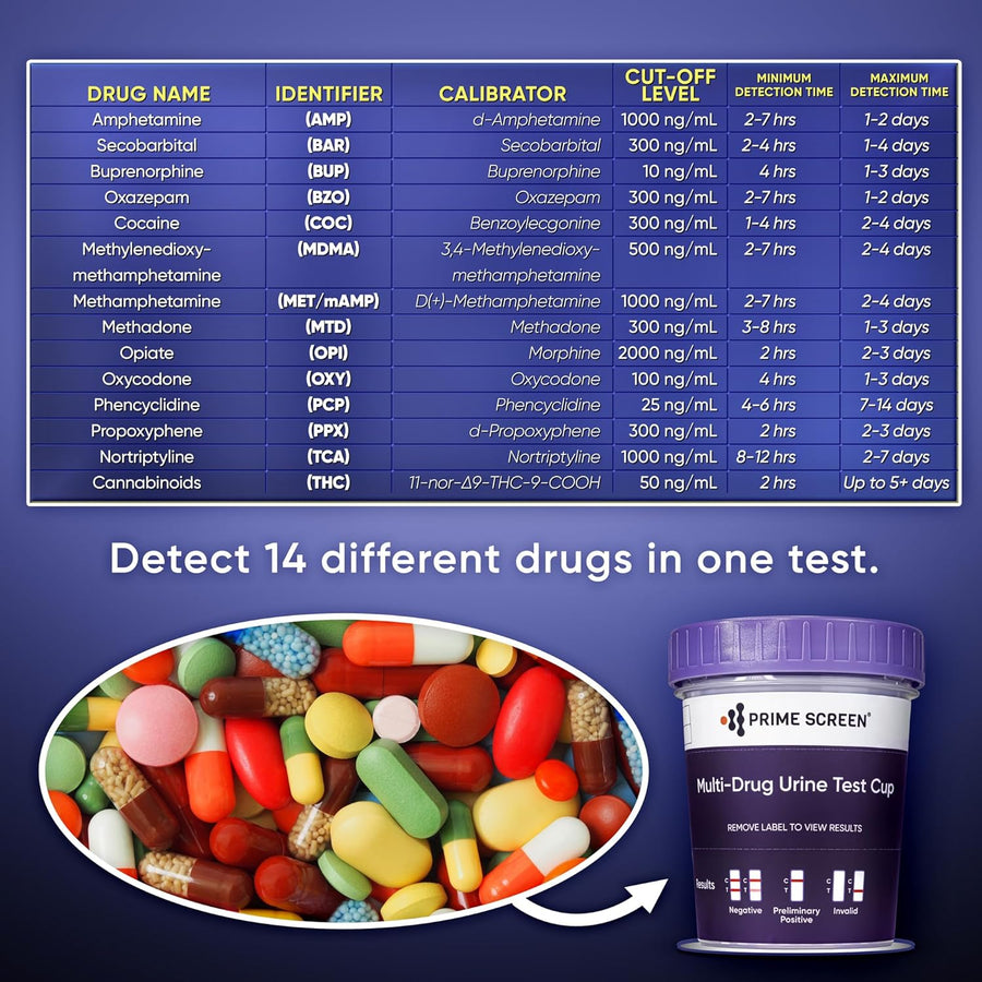 Prime Screen 14 Panel Urine Drug Test Cup - Instant Testing for 14 Drugs