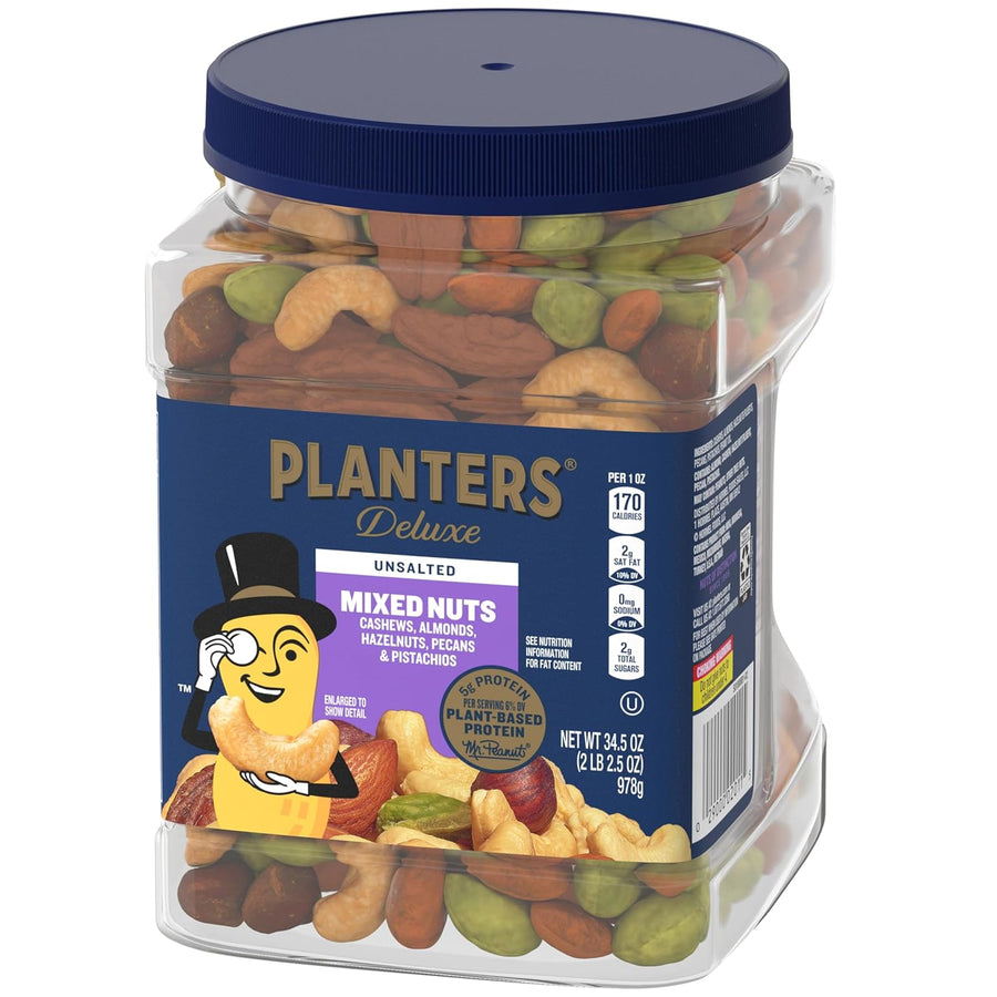 PLANTERS Unsalted Premium Nuts 34.5 oz Resealable Container- Contains Roasted California Pistachios, Cashews, Almonds, Hazelnuts & Pecans - No Artificial Flavors or Colors