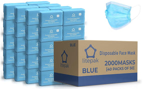2,000pcs Disposable Face Masks 3 Ply Breathable Blue 40 Packs of 50