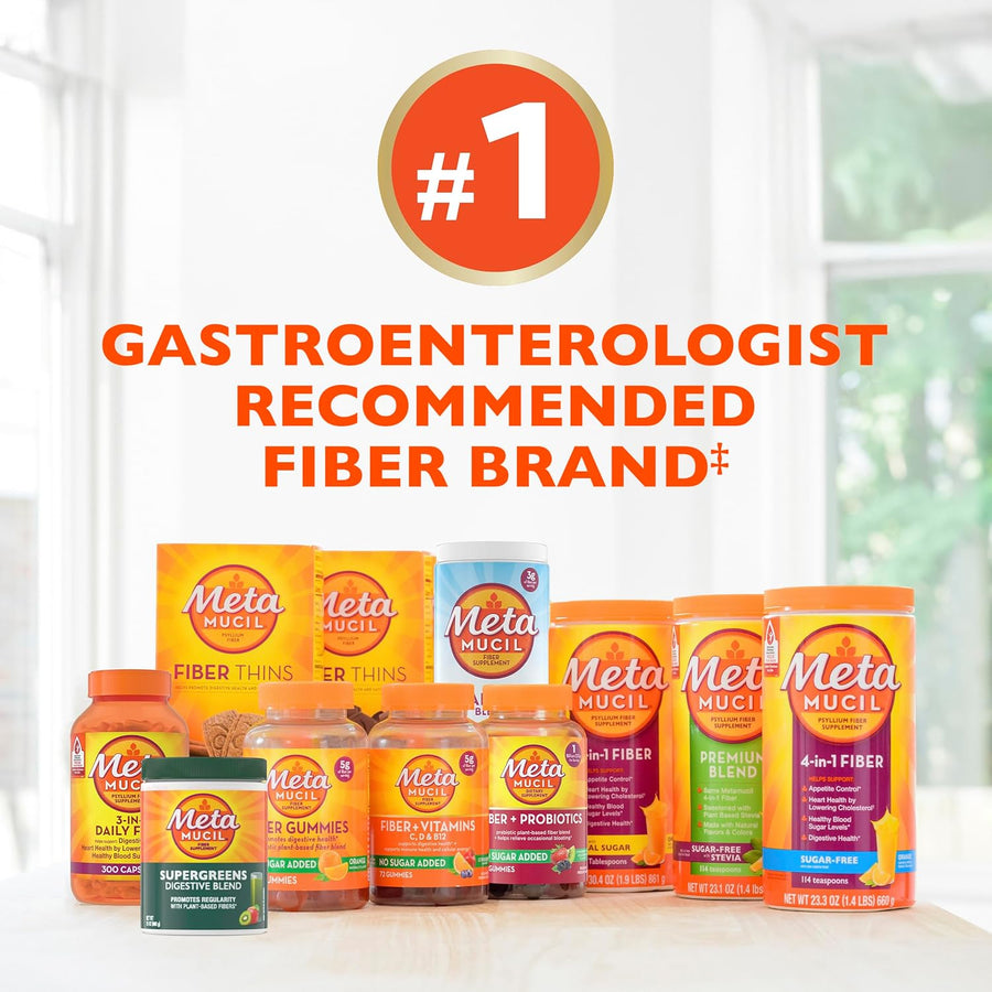 Metamucil 4-in-1 Psyllium Husk GLP-1 Friendly Fiber Supplement, Sugar-Free, 180 teaspoons, Orange Flavored, Daily Fiber Powder for Digestive Health, made with Plant-Based Psyllium Husk Fiber
