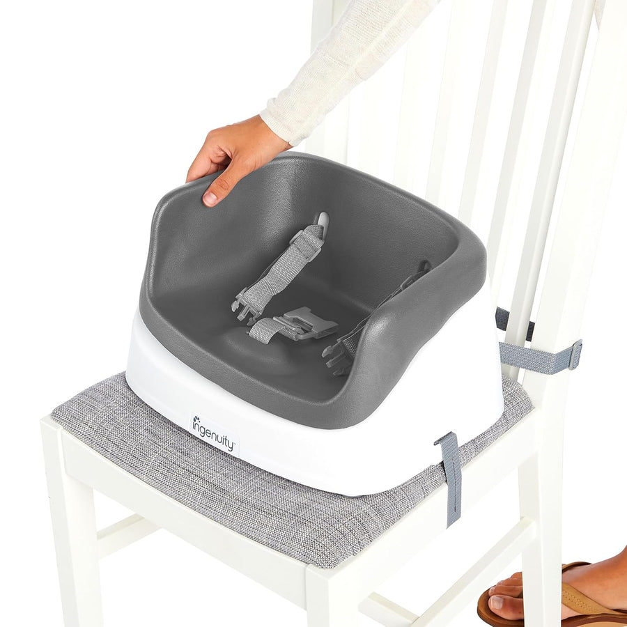 Ingenuity SmartClean Toddler Booster Seat for Kitchen Chair – Lightweight for on-the-go, Easy-Clean, 3-Point Harness Strap – Booster Seat for Dining Table, Slate