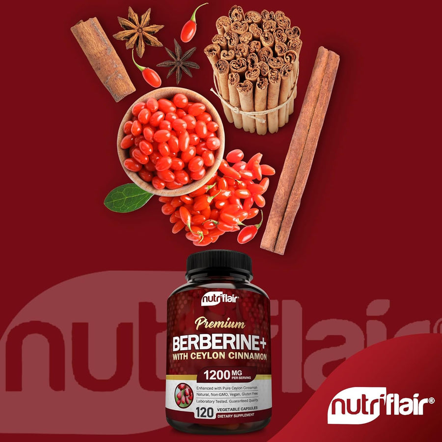 NutriFlair Premium Berberine HCL 1200mg, 120 Capsules - Plus Pure True Ceylon Cinnamon, Berberine HCI Root Supplements Pills - Immune System - Made in USA