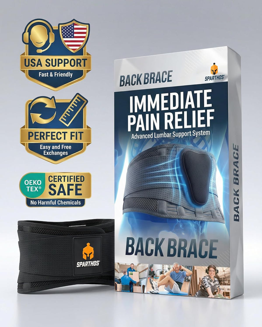 Sparthos Back Brace for Lower Back Pain - Immediate Relief from Sciatica, Herniated Disc, Scoliosis - Breathable + Lumbar Support Pad - For Men & Women - Fits 44–52″ Waist (Large, Check Size Chart)