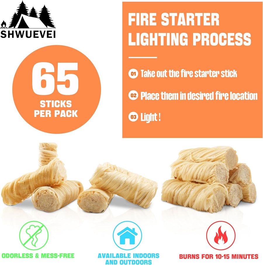 Shwuevei 65 pcs Fire Starter - Natural Fire Starters for Fireplace, Pellet Stove & Wood, Fire Pit, Smoker, BBQ, Chimney, Pizza Oven - Fire Starters for Grill, Charcoal Starter