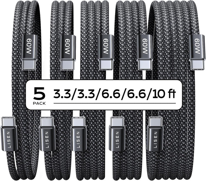 LISEN USB C to USB C Cable, 5-Pack [3.3/3.3/6.6/6.6/10FT] for iPhone 17 Charger Cord, 60W C to C Cable Fast Charging for iPad, iPhone 17 Air 16 15 Pro Max, Samsung Z Flip 7/S25/S24 USBC to USBC Cable
