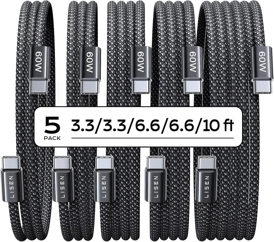 LISEN USB C to USB C Cable, 5-Pack [3.3/3.3/6.6/6.6/10FT] for iPhone 17 Charger Cord, 60W C to C Cable Fast Charging for iPad, iPhone 17 Air 16 15 Pro Max, Samsung Z Flip 7/S25/S24 USBC to USBC Cable