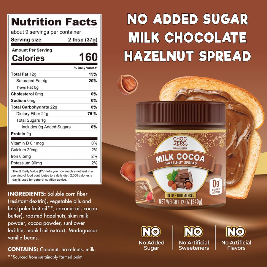 ChocZero Milk Chocolate Hazelnut Spread - No Added Sugar, Keto Friendly Low-Carb Chocolate Hazelnut Dessert & Bread Topping, Gluten Free, High Fiber, 12 oz Jar