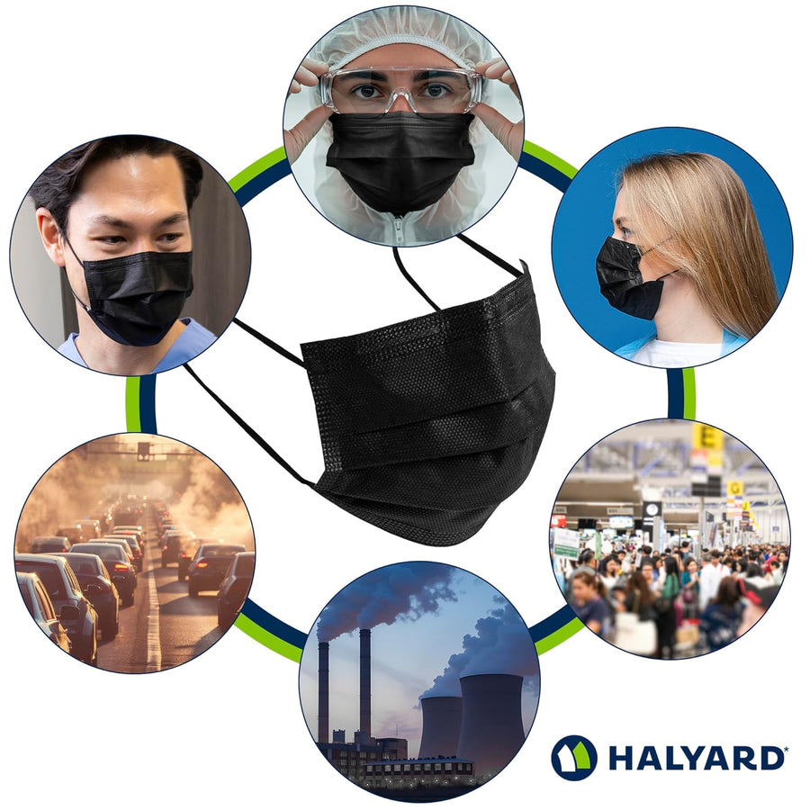 Halyard Black Disposable Face Mask with Earloops, ASTM LEVEL 3, Fog-Free, Pleat Style, 4-Layer Construction