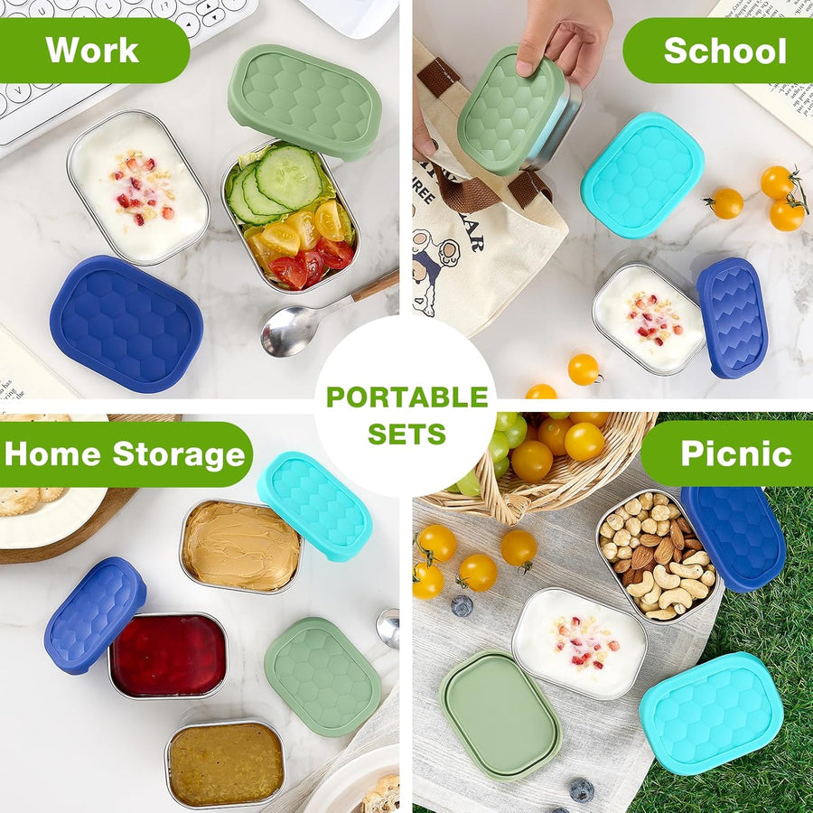 3 Pack Stainless Steel Snack Containers for Kids, 8 oz Easy Open Leak Proof Small Toddler Snack Containers with Silicone Lids, Stackable Metal Lunch Box for Daycare and School (Blue)