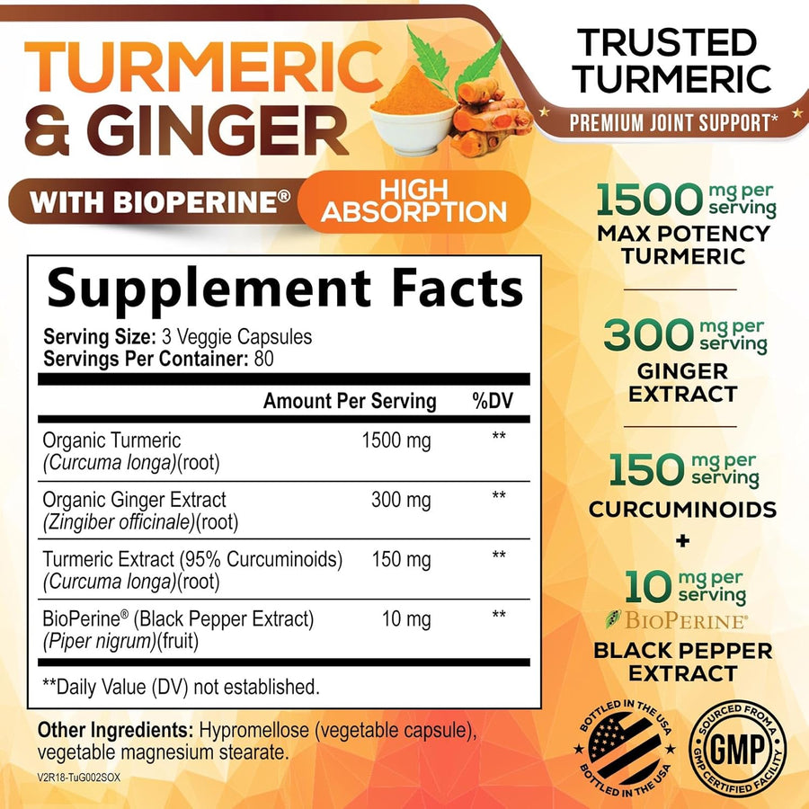 Turmeric Curcumin Supplement - 95% Curcuminoids with Organic Turmeric & Ginger, BioPerine Black Pepper Extract for Best Absorption, Natural Vegan Joint Support, Non-GMO, Bottled in USA - 240 Capsules