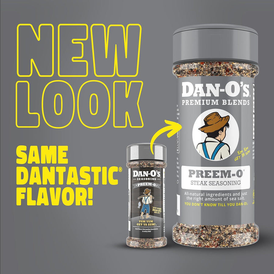 Dan-O's Preem-O Seasoning, 2.5 oz Bottle, Meat Seasoning for Steak, Ribs, Chicken, Brisket and More, Sugar Free, Zero Calorie, Use this Spice Blend to Craft a Marinade, Dry Rub or Sauce