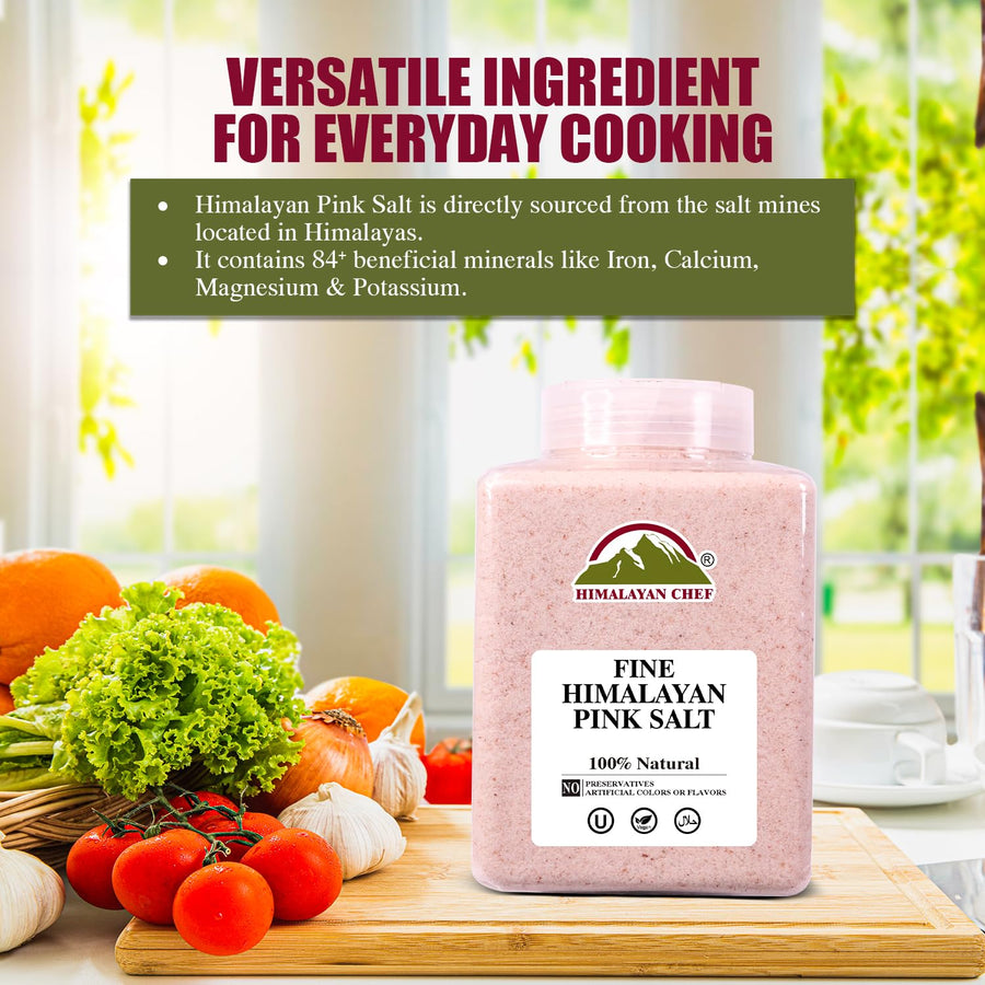 Himalayan Chef Pink Himalayan Salt Fine Grain, 5 lbs Plastic Jar - Pure, Natural, Kosher, Non-GMO, Mineral-Rich, for Cooking, Seasoning, Baking, Table Use