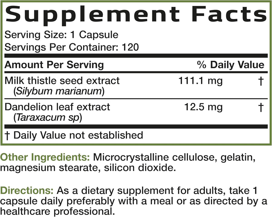 Bronson Milk Thistle Silymarin Marianum & Dandelion Extract Liver Health Support, Antioxidant Support, Detox, 120 Capsules