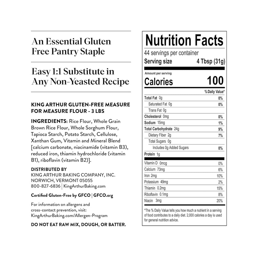 King Arthur Measure for Measure Gluten-Free Flour: All-Purpose 1:1 Substitute for Wheat Flour, Non-GMO, Kosher Certified, 3 lbs Bag for Baking Cookies, Cakes, Muffins