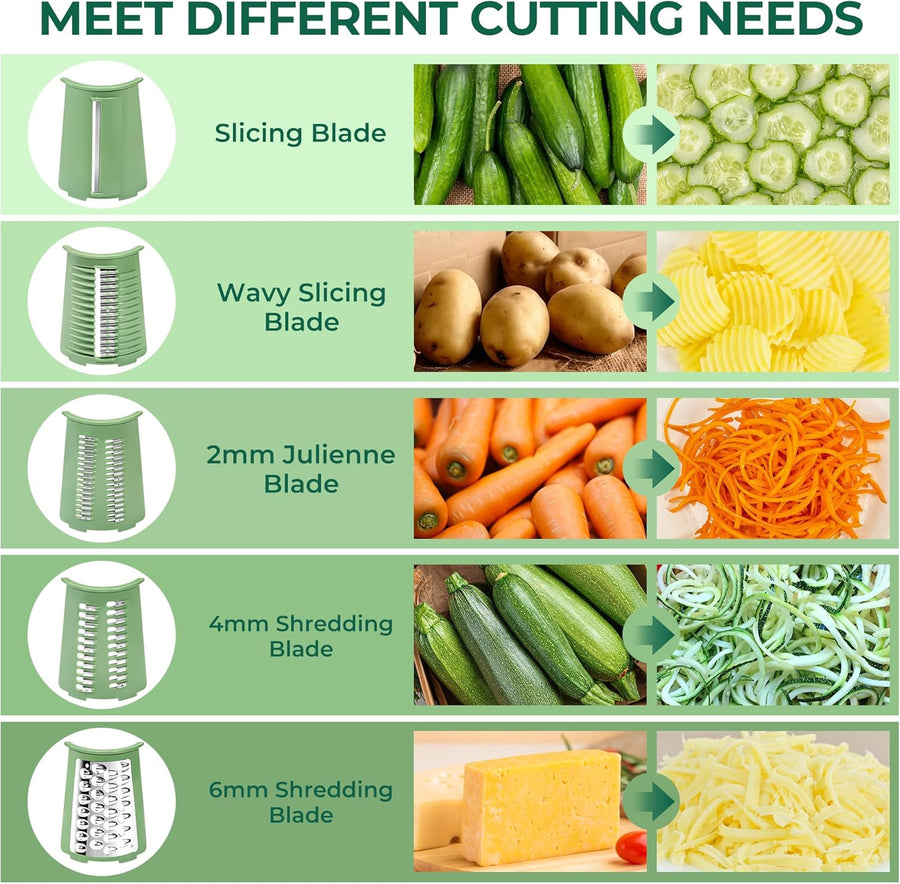 SUSTEAS Rotary Cheese Grater with Handle - Vegetable Shredder with 5 Well-designed Blades & Strong Suction Base,Round Mandoline Slicer & Food Chopper for Kitchen,with Blade Storage Box(Retro Green)