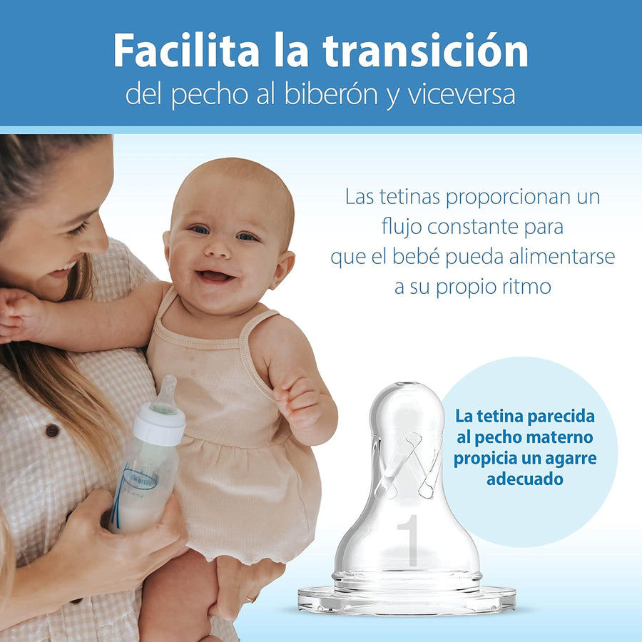 Dr. Brown's Natural Flow Anti-Colic Options+ Narrow Baby Bottle, Blue Nature, 8 oz/250 mL, with Level 1 Slow Flow Nipples, 0m+, 4 Pack