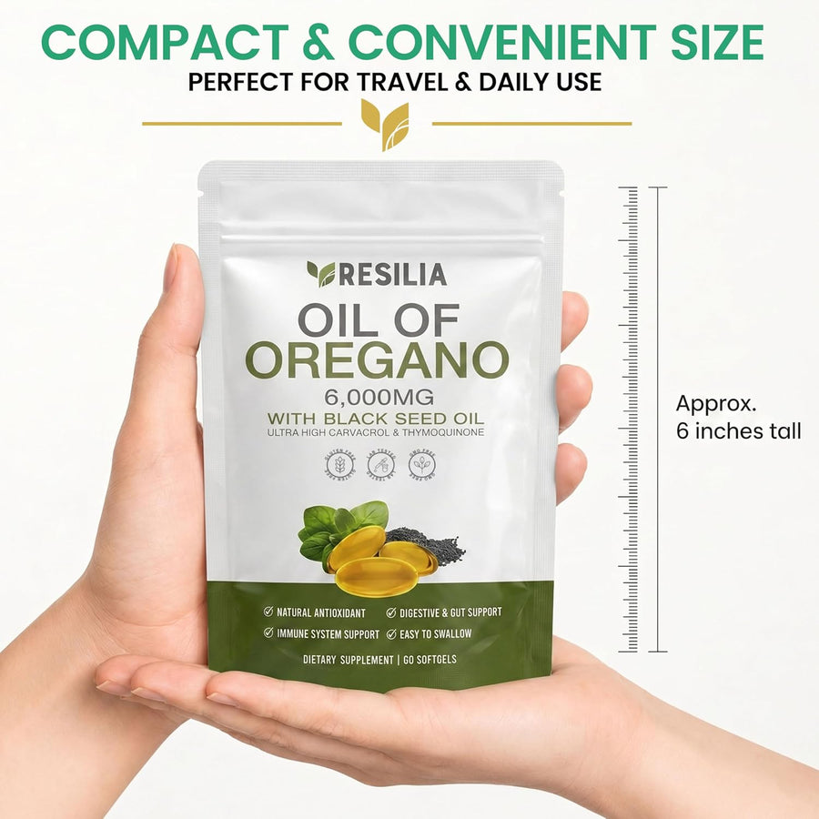 Resilia Softgels with Black Seed Oil 6000mg – Premium Grade Oregano Oil Capsules for Immune & Digestive Support – Non-GMO, Gluten-Free Softgels – Natural Herbal Wellness Supplement (60 Count)