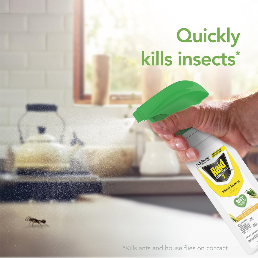 Raid Essentials Multi-Insect Killer Spray Bottle, Child and Pet Safe, for Indoor Use, Lemongrass Scent, 12 fl oz
