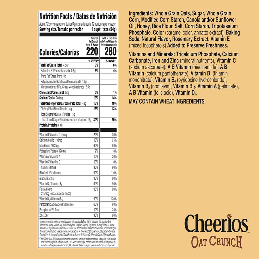 Cheerios Oat Crunch Oats 'N Honey Breakfast Cereal, Made with Whole Grain, Family Size, 24 oz