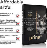 Prina 50 Pack Drawing Set Sketch Kit, Sketching Supplies with 3-Color Sketchbook, Graphite, and Charcoal Pencils, Pro Art Drawing Kit for Artists Adults Teens Beginner Kid, Ideal for Shading, Blending