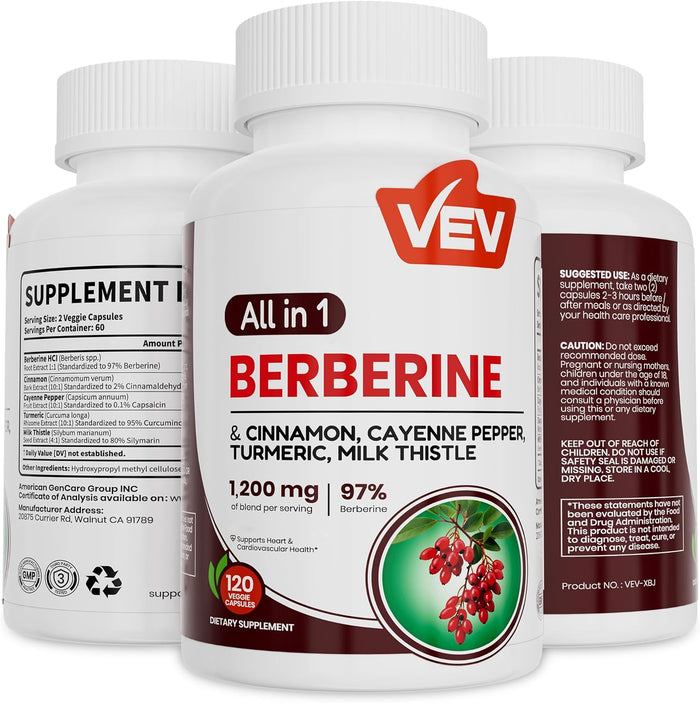 VEV Berberine Supplement with Ceylon Cinnamon, Cayenne Pepper, Turmeric, Milk Thistle, Vegan & Non-GMO – 120 Capsules