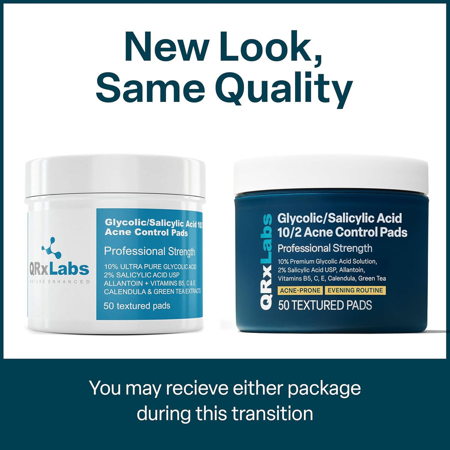 QRxLabs Salicylic & Glycolic Acid Pads (2% Salicylic & 10% Glycolic) - Acne Pads for Face & Bacne with Vitamins B5, C & E, Calendula & Green Tea - Face Exfoliator - 50 Count Jar