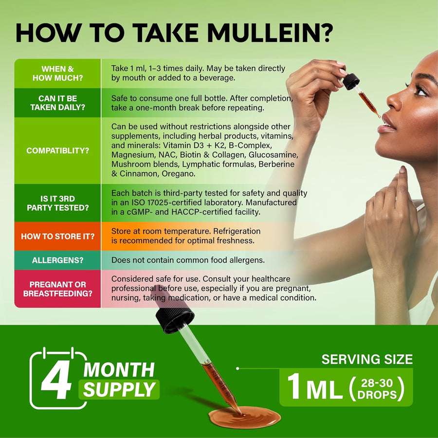 Mullein Drops for Lungs - USDA Organic Liquid - Mullein Leaf Extract Supplement - for Women & Men - Lung & Bronchial Cleanse for Smokers - Respiratory Health Support - As Tincture, Tea, Pills - 4 oz