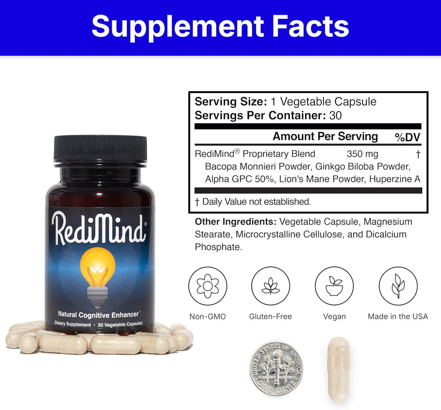 RediMind - Natural Cognitive Enhancement Supplement Capsule - Non-GMO, Vegan, Gluten-Free