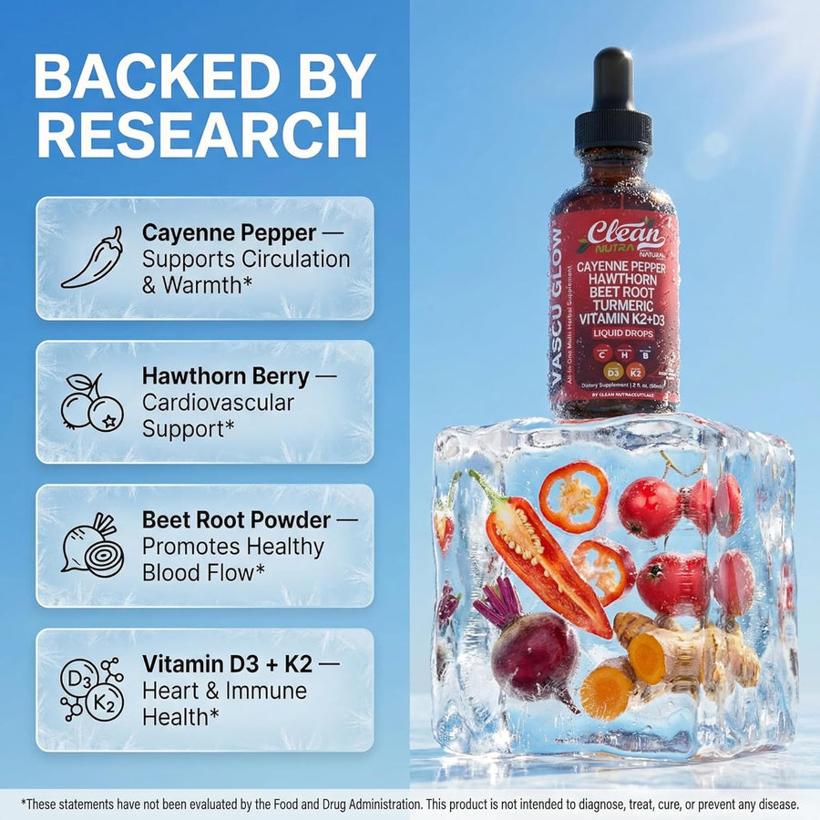 Clean Nutra Cayenne Pepper Drops Supplement Liquid + Hawthorn Berry, Vitamin D3 K2 Beet Root Powder, Ceylon Cinnamon, Turmeric Curcumin, Organic Panax Ginseng, Berberine Extract 1 Pack