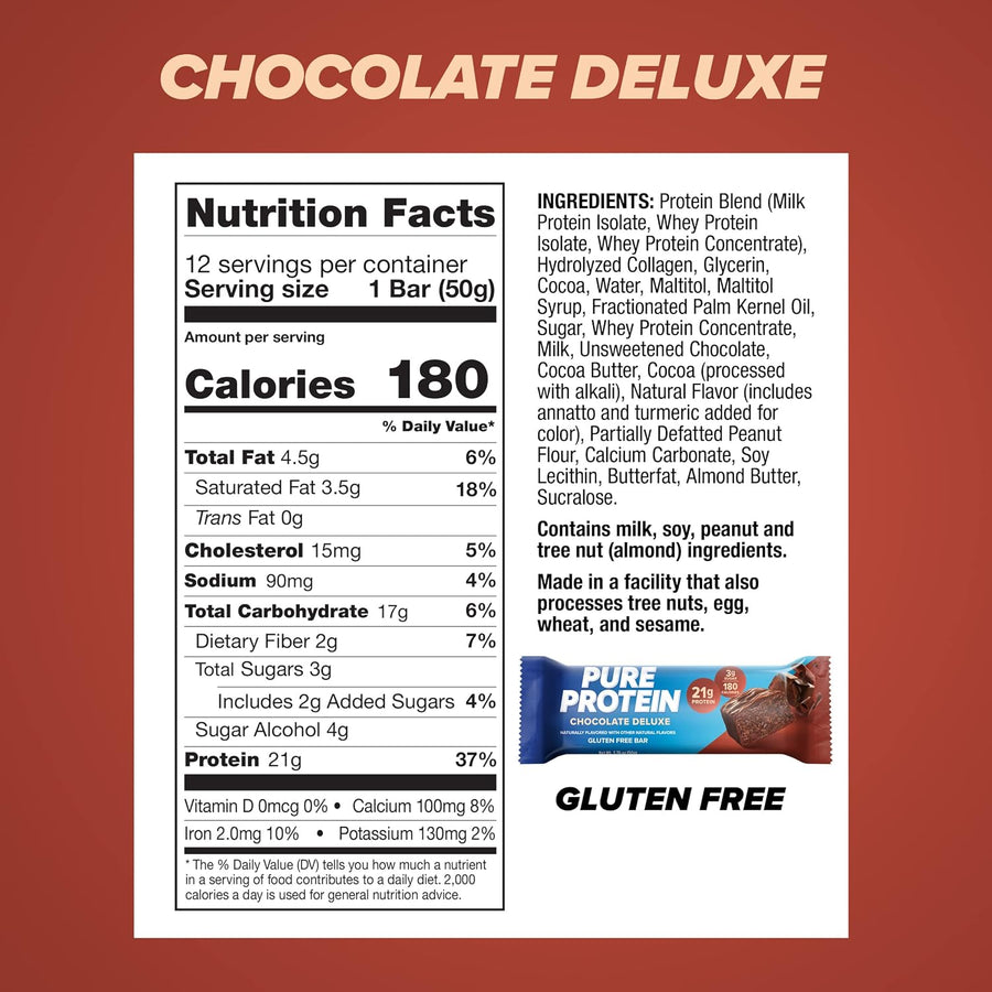 Pure Protein Chocolate Deluxe Protein Bars – 20g Protein, 3g Sugar, 190 Calories (12 count) Low Sugar* High Protein Snack - Gluten Free - Perfect for a Healthy Snack